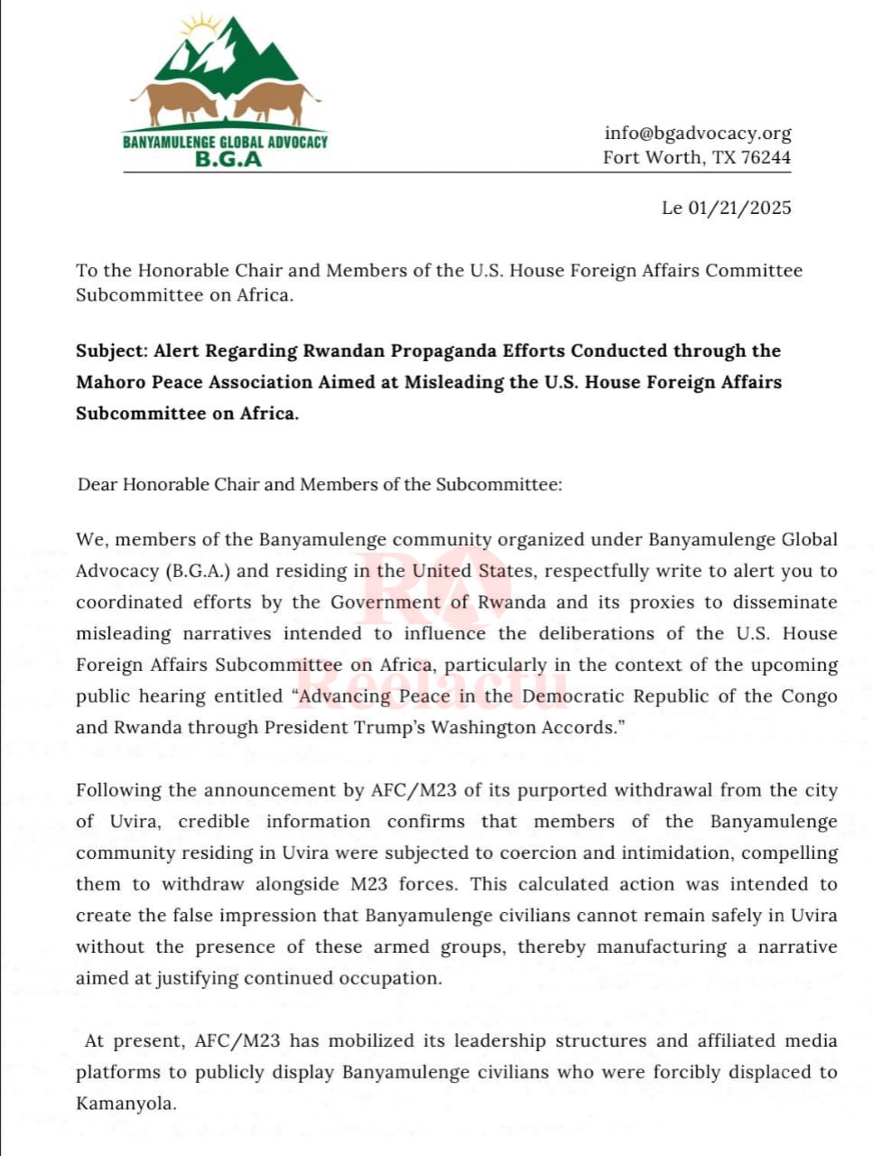 #RDC: Banyamulenge Global Advocacy appelle la communauté internationale à rejeter les récits falsifiés et à soutenir la paix dans l’est