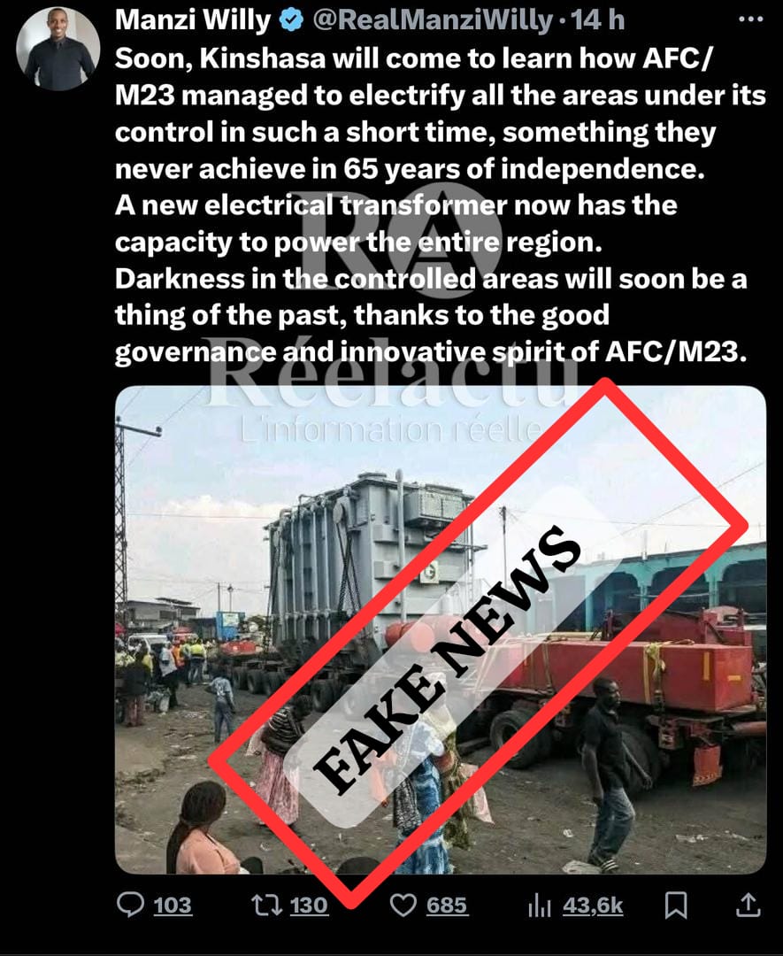 Fact check: l’AFC/M23 n’a pas électrifié les zones occupées et n’a pas commandé le transformateur